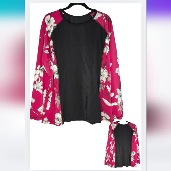 Cacique Swim 22W Rash Guard Long Sleeve Red Black Floral Sangia AX-1924 - Picture 3 of 9